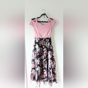 Floral Cold Shoulder Rhinestone Embellished Long Dress